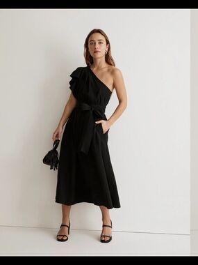 Madewell One-Shoulder Black Midi Dress Cotton  Ruffle Chic